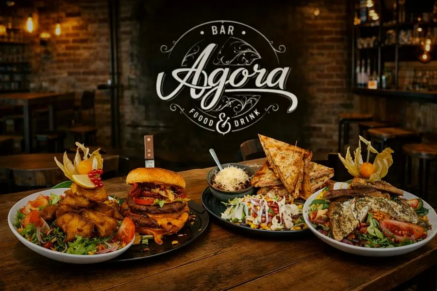 Agora – food spread met burger, salades en wraps